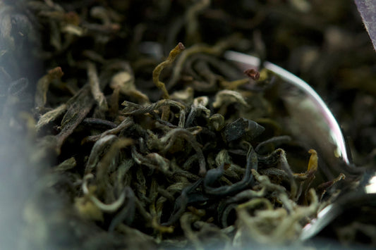 Close-up of dried green tea leaves