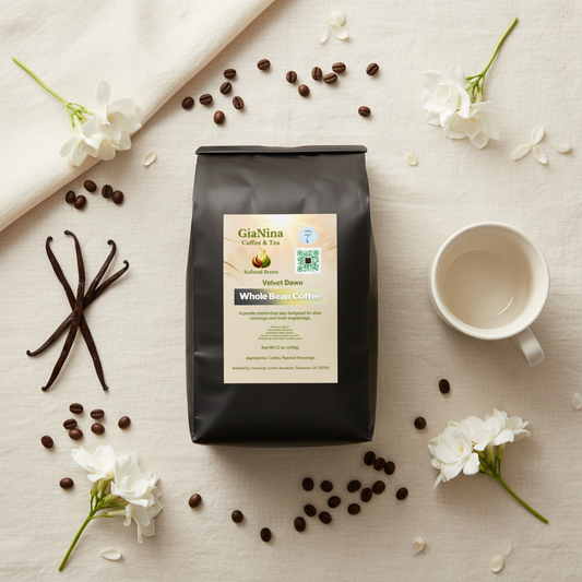 Velvet Dawn French Vanilla flavored coffee flat lay next to a steaming mug