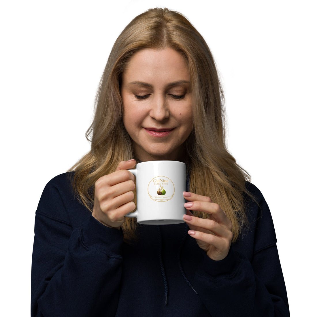 Around the Table Mug, white glossy ceramic, held in hand