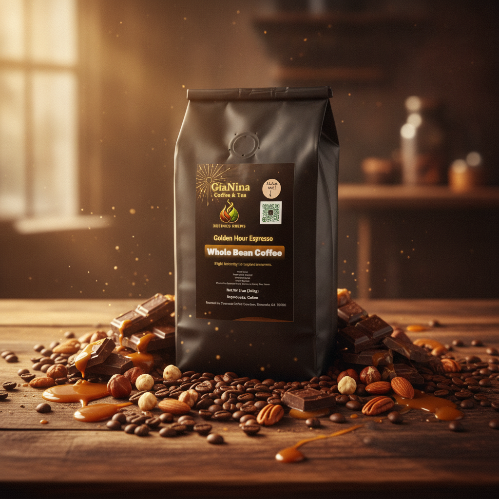 GiaNina coffee bag with coffee beans and chocolate on a wooden surface