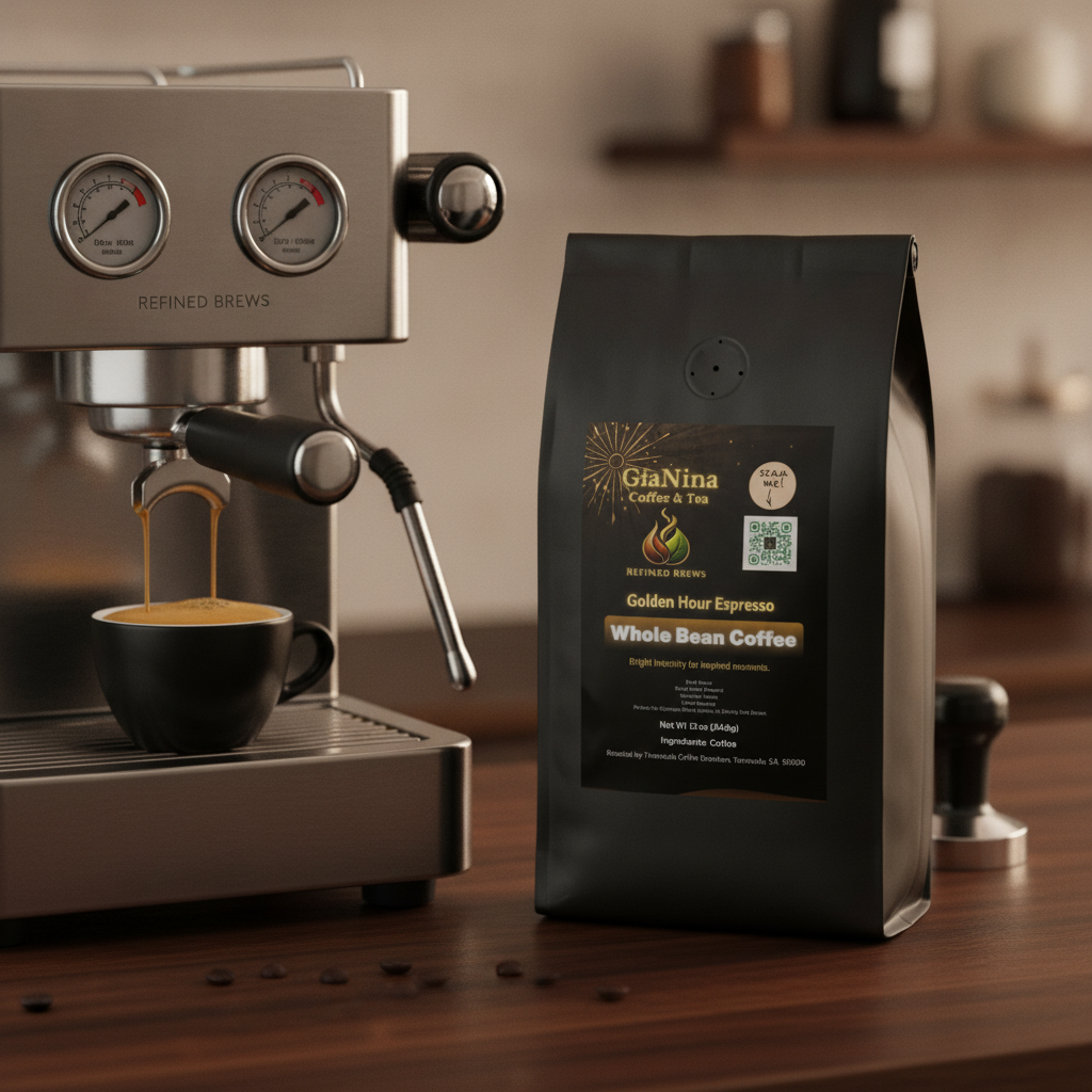 Espresso machine pouring coffee into a cup with a bag of GiaNina coffee beans on a wooden surface.