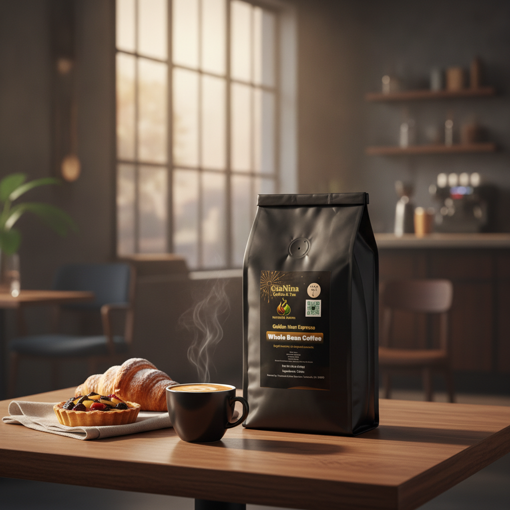 Black coffee bag on a wooden table with a cup of coffee and pastries in a cozy cafe setting.