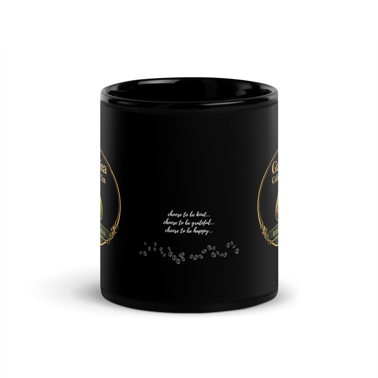 Black mug with white text on a white background