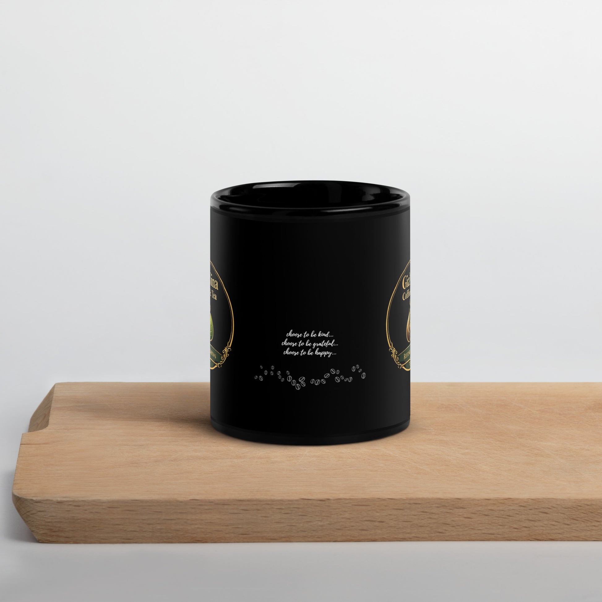GiaNina Ritual Mug – 11 oz black ceramic mug, angled view