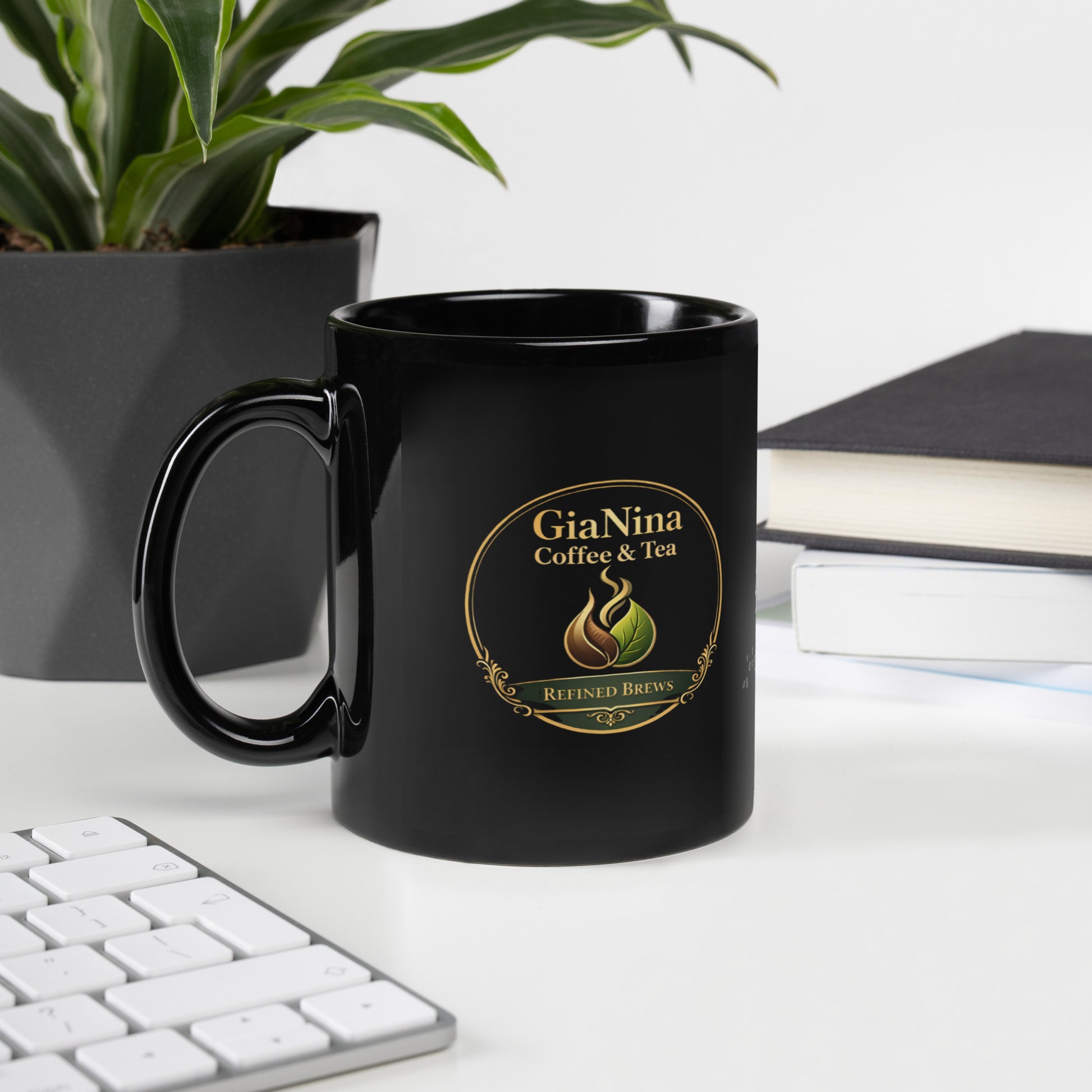 Black mug with 'Virgo Mindset' text on a desk with a plant and books in the background