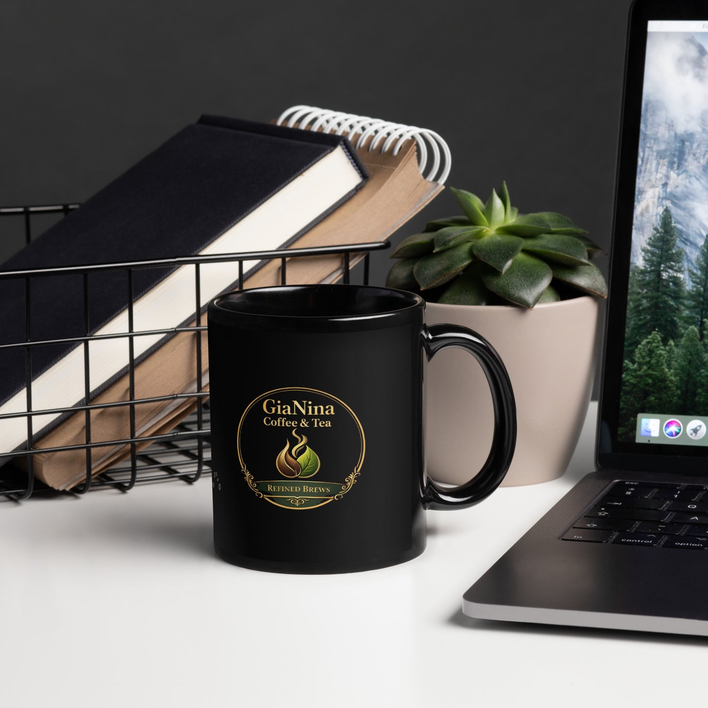 Black mug with 'Today's Match' text on a desk with laptop, books, and plant