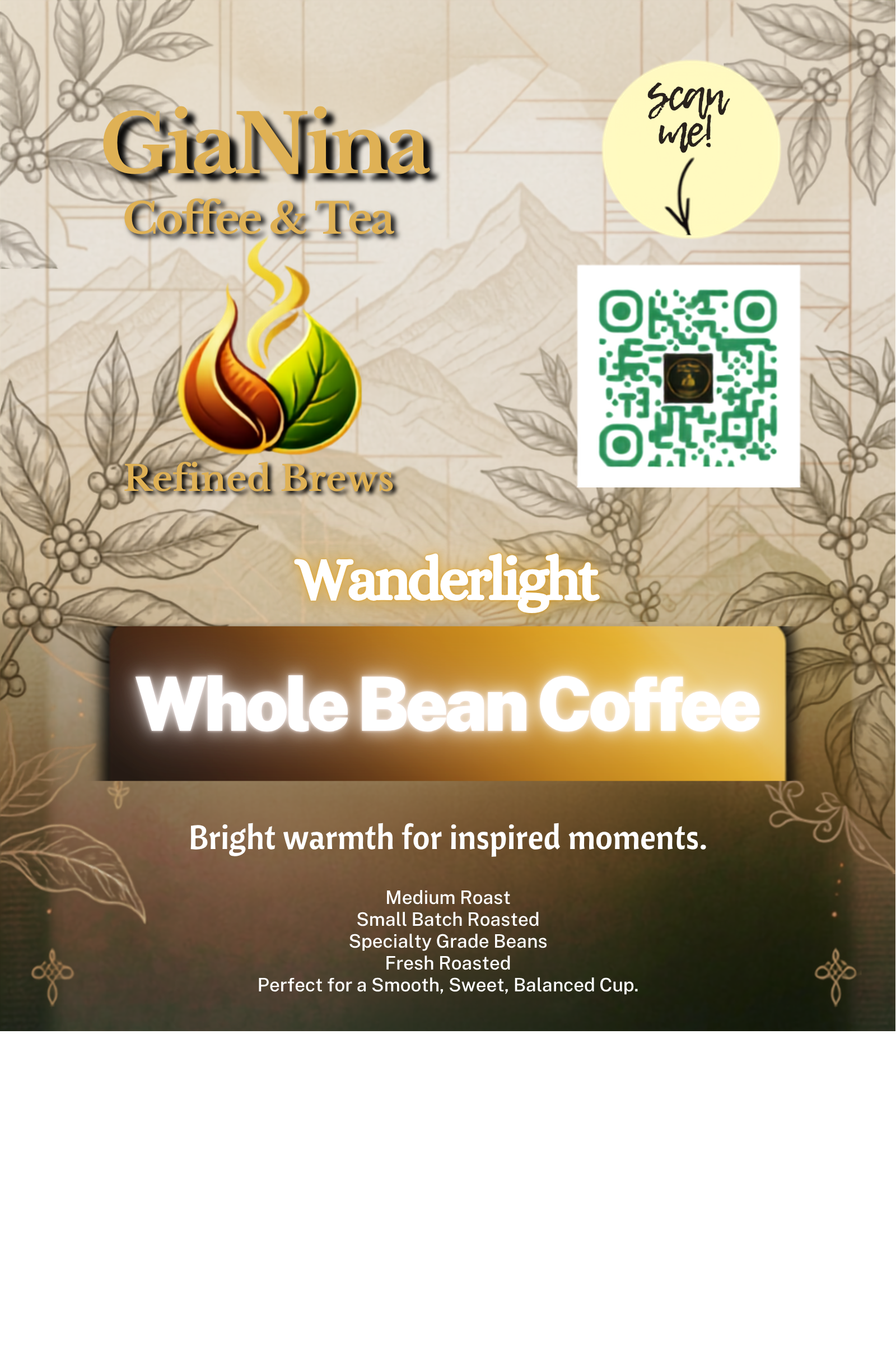 A promotional graphic for GiaNina Coffee & Tea, featuring the Wanderlight Whole Bean Coffee product. The design has a warm beige and brown background with botanical illustrations, displaying the brand logo, a QR code, and product details.