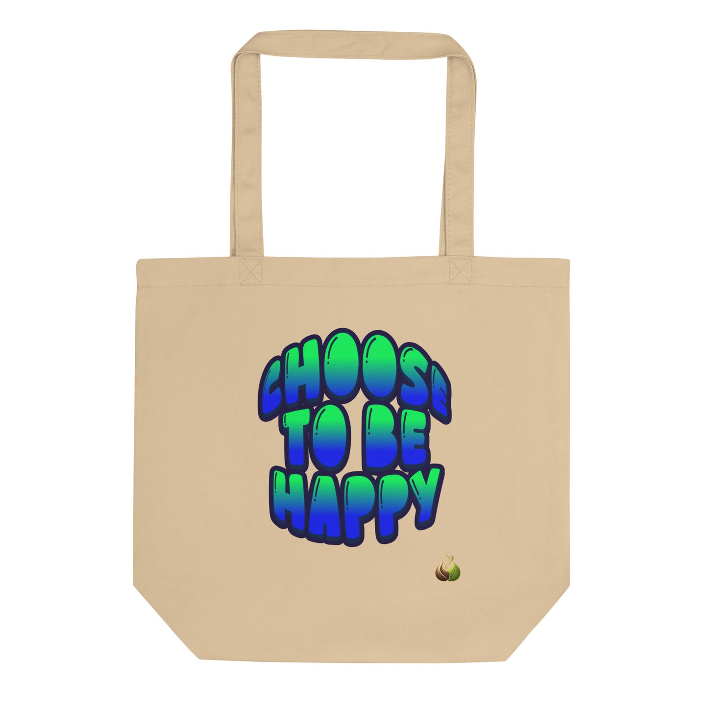 A beige canvas tote bag with a colorful graphic that reads 'CHOOS TO BE HAPPY' in a 3D bubble font with blue, green, and purple gradients, on a plain white background.