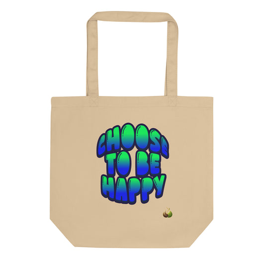 A beige canvas tote bag with a colorful graphic that reads 'CHOOS TO BE HAPPY' in a 3D bubble font with blue, green, and purple gradients, on a plain white background.