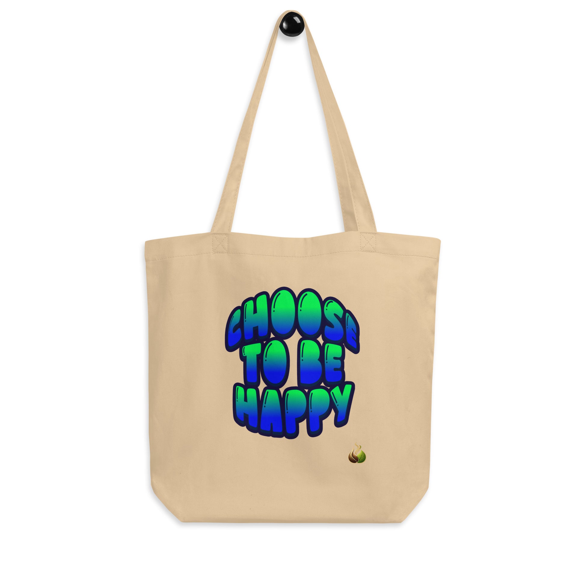 A beige canvas tote bag with two shoulder straps, featuring a colorful graphic on the front that reads 'CHOOSI TO BE HAPPY' in a blue-to-green gradient bubble font, shown against a plain white background.
