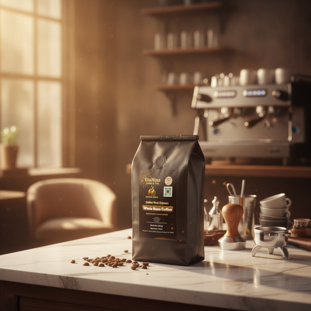 Coffee bag on a counter with a coffee machine and cups in the background