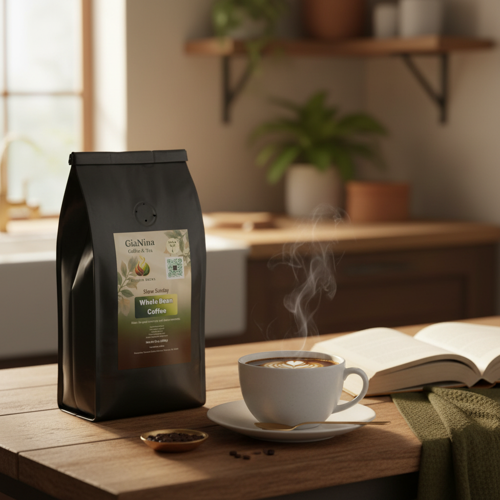 Slow Sunday Breakfast Blend coffee bag on a cozy kitchen table with a white mug and open book