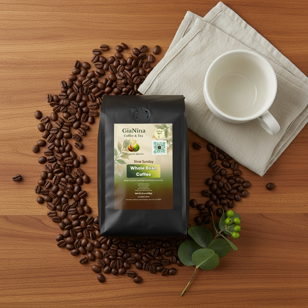 Slow Sunday Breakfast Blend coffee bag flat lay with whole beans and white mug on warm wood