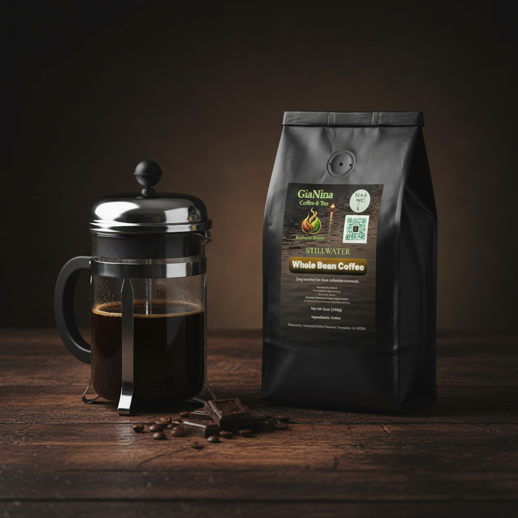 Stillwater Sumatra Single Origin coffee bag next to a French press with rich dark coffee, moody lighting