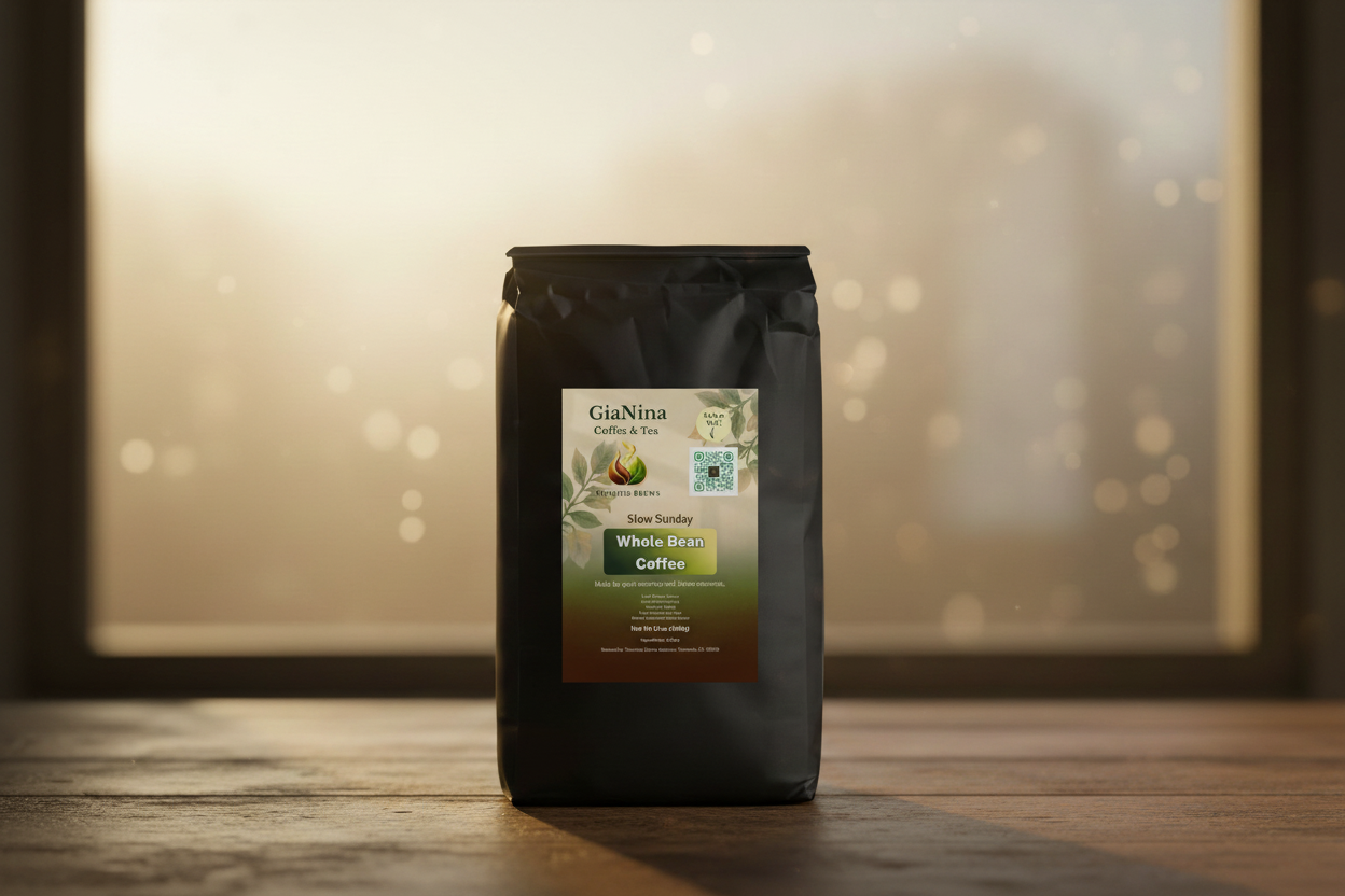 Slow Sunday Breakfast Blend coffee bag with label forward against sunlit misty window background