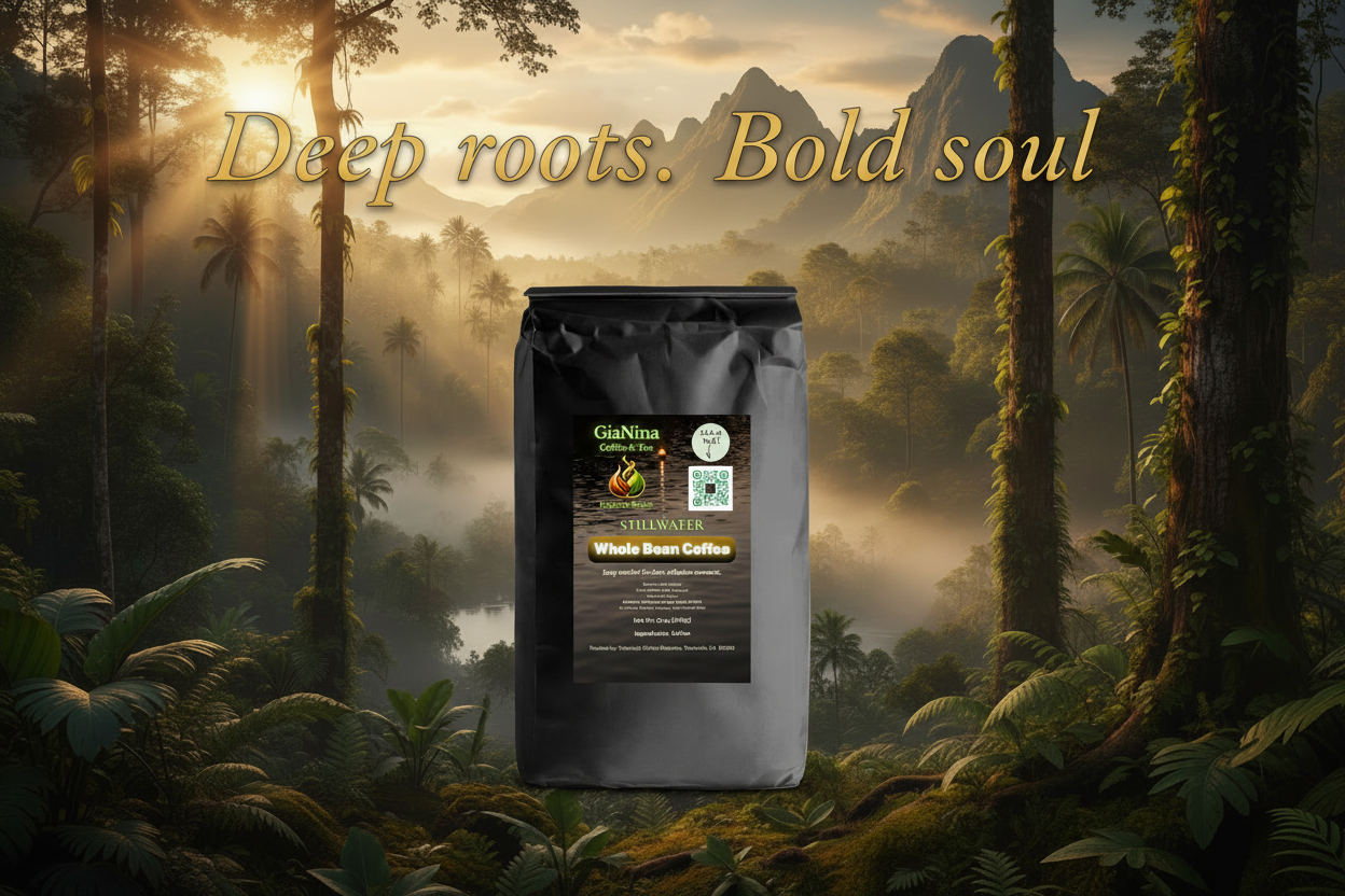 Stillwater Sumatra Single Origin coffee bag in Indonesian rainforest landscape - Deep roots. Bold soul.