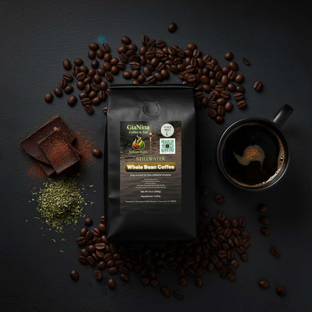 Stillwater Sumatra Single Origin coffee bag flat lay with dark roasted beans, dark chocolate and black mug on slate