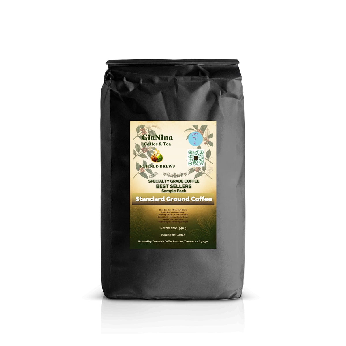 Black GiaNina Coffee & Tea bag with a Best Sellers Sample Pack label for standard-ground coffee.