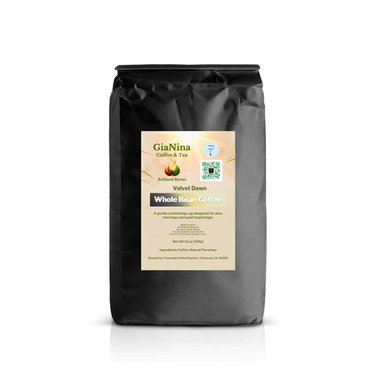 Black coffee bag with a label on a white background