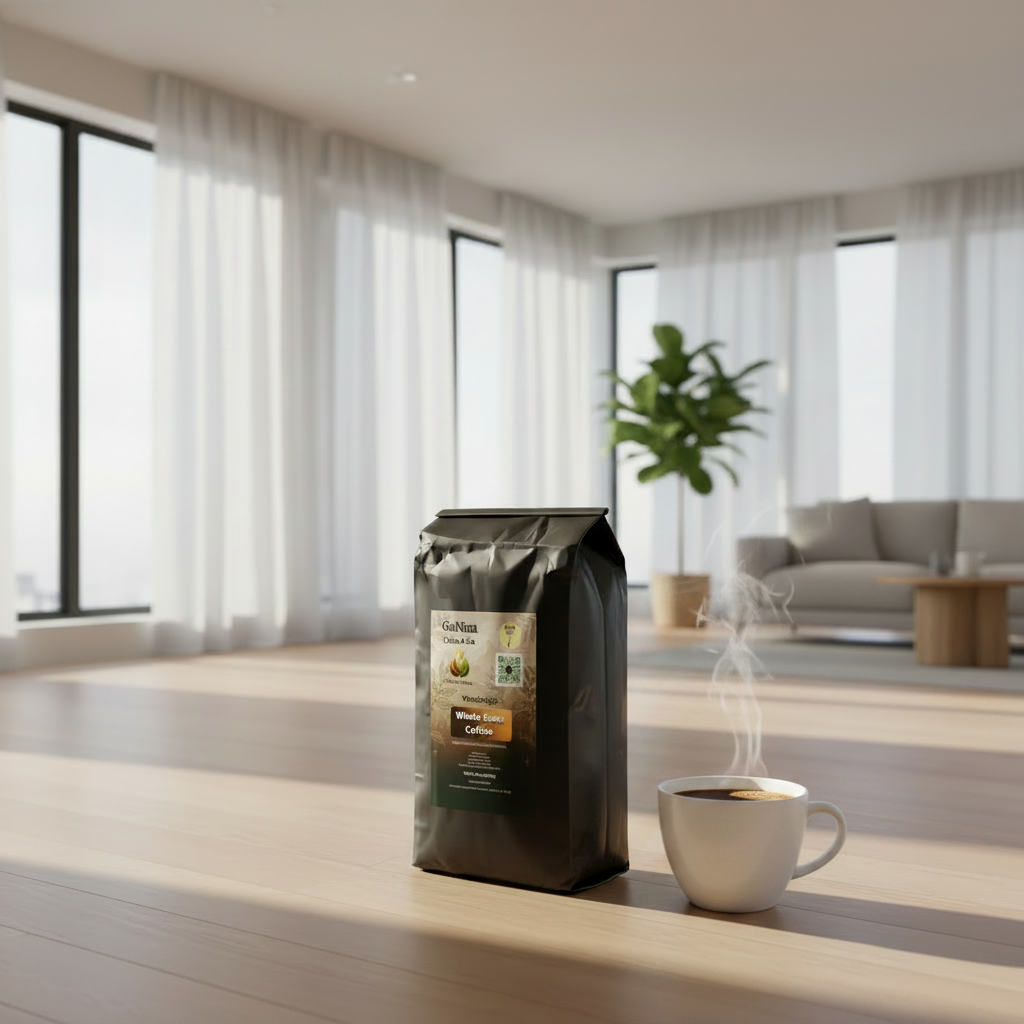A black coffee bag labeled 'Cappuccino' sits on a light wood floor next to a white mug with steam rising, set in a bright, modern living room with large windows and sheer curtains.