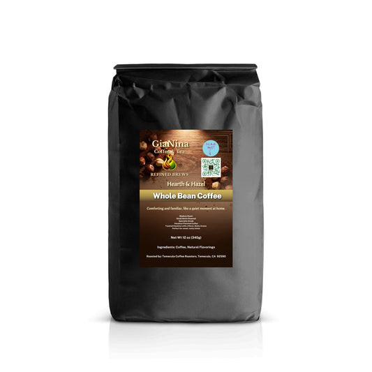 Black coffee bag with a label on a white background