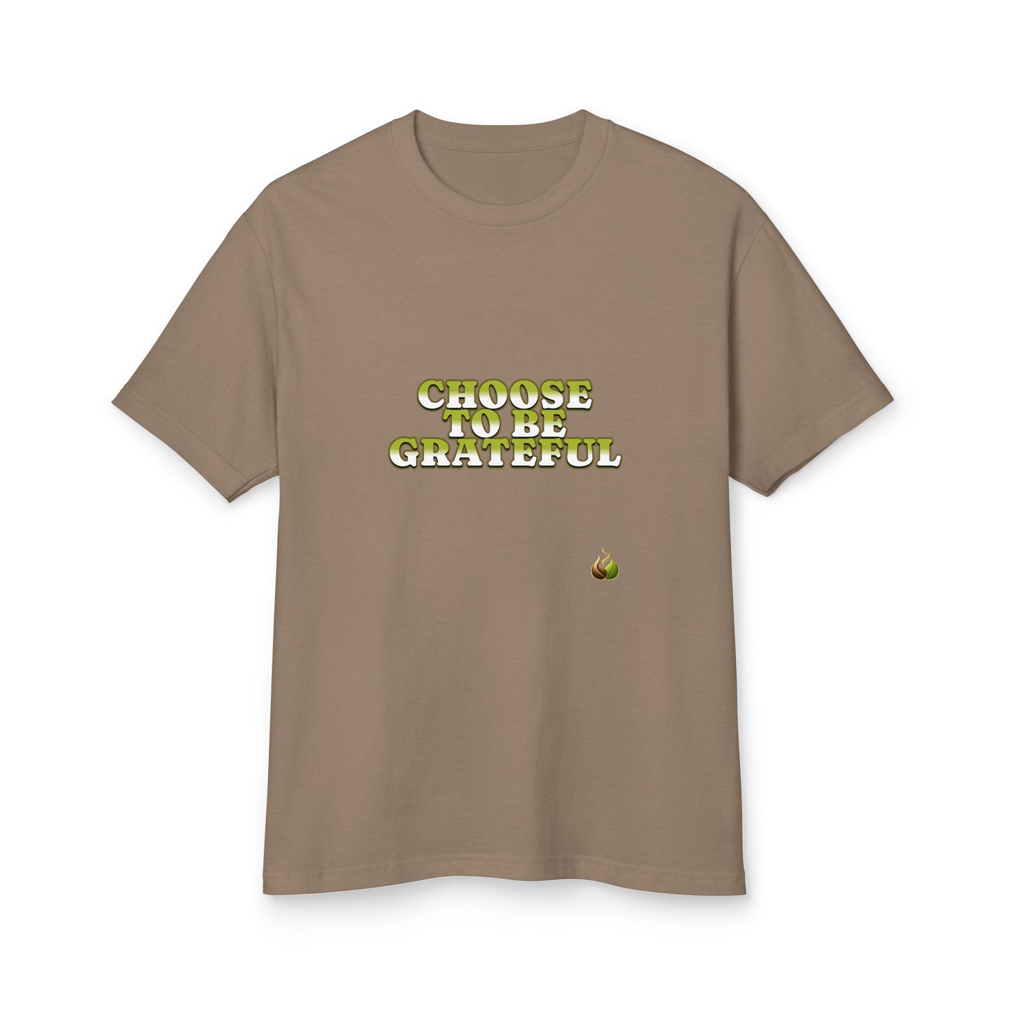 A taupe brown short-sleeve t-shirt with the text 'CHOOSE TO BE GRATEFUL' printed in a yellow and green gradient font on the chest, accompanied by a small green leaf graphic below. The t-shirt is displayed flat against a clean white background.