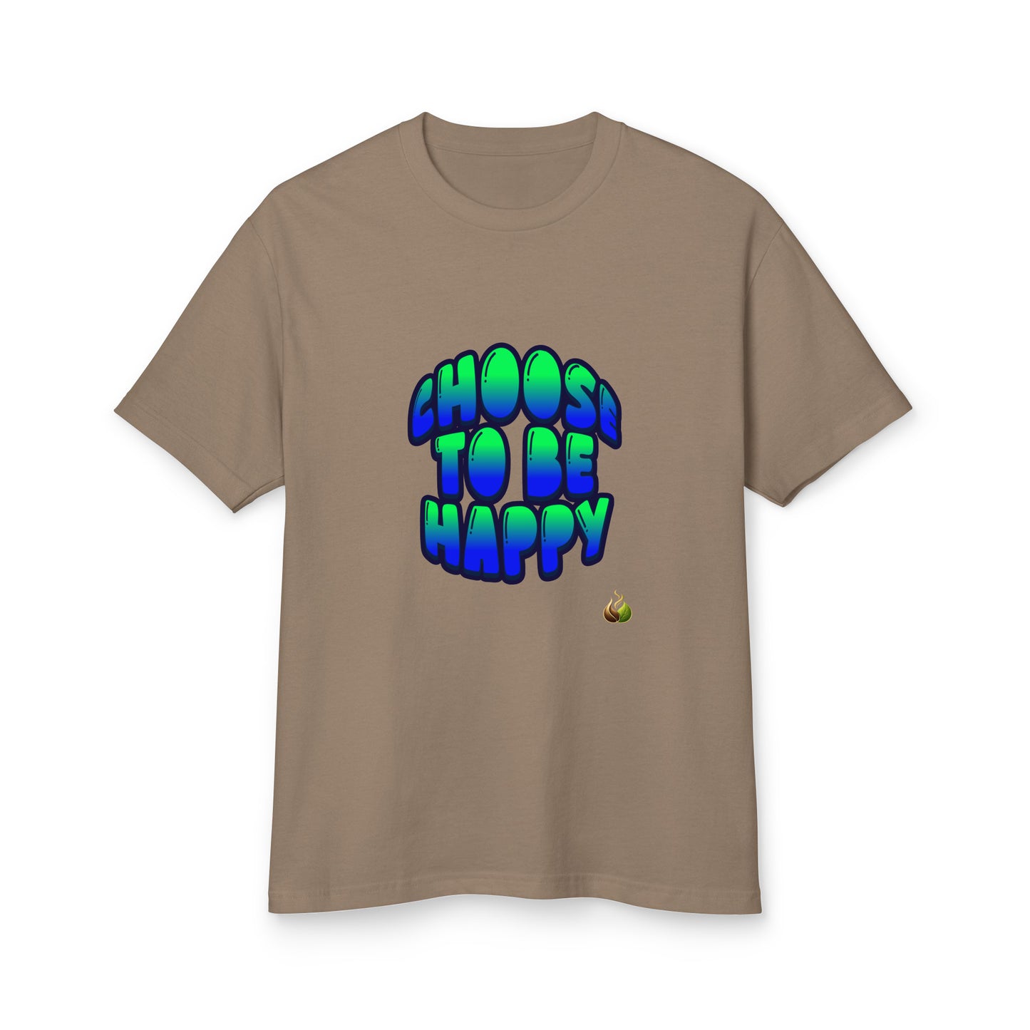 A taupe brown short-sleeve t-shirt with a colorful graphic on the chest that reads 'CHOOSI TO BE HAPPY' in a blue and green gradient bubble font, shown against a plain white background.