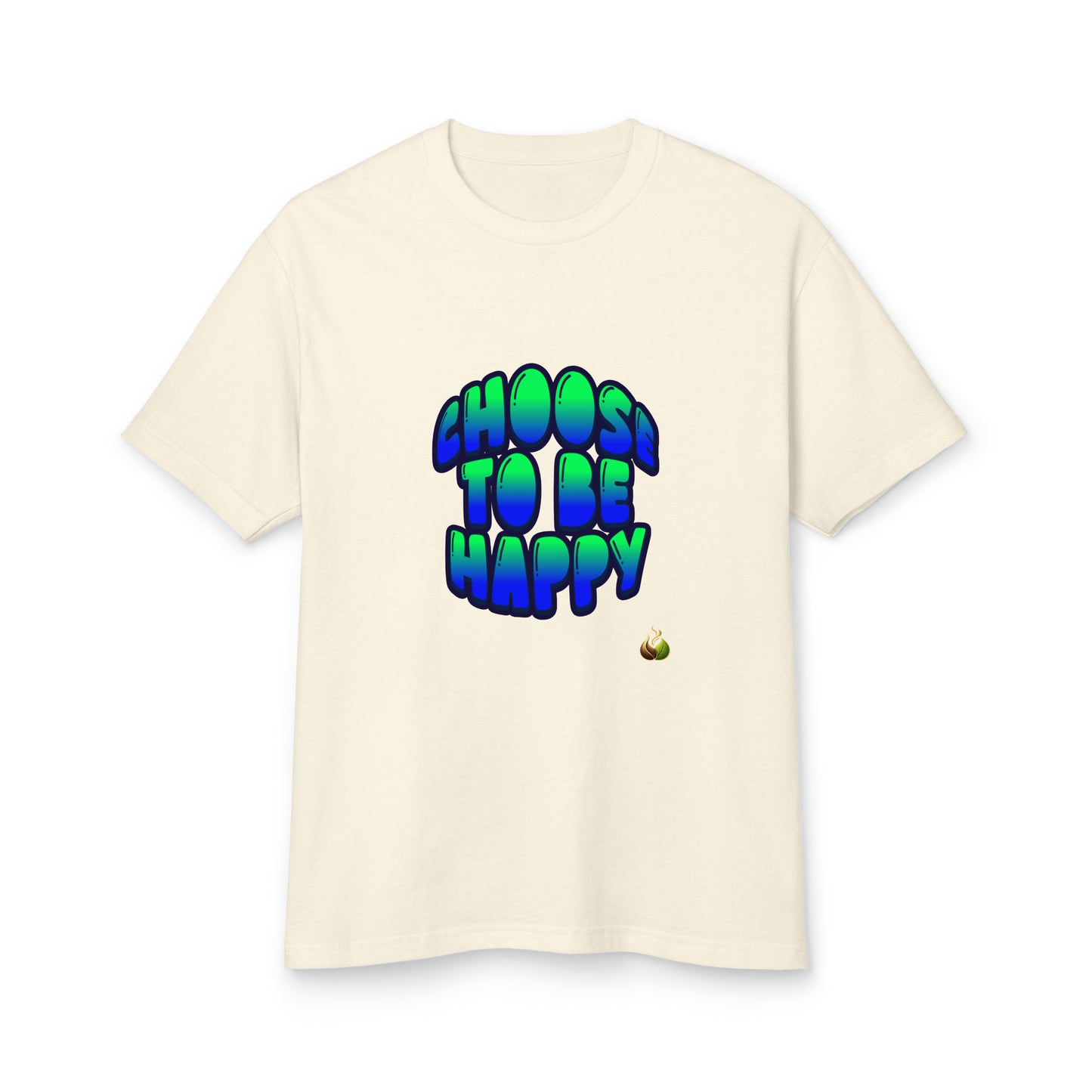An off-white crewneck t-shirt featuring a colorful graphic on the chest that reads 'CHOOS TO BE HAPPY' in a blue-to-green gradient bubble font, with a small yellow smiley face below.