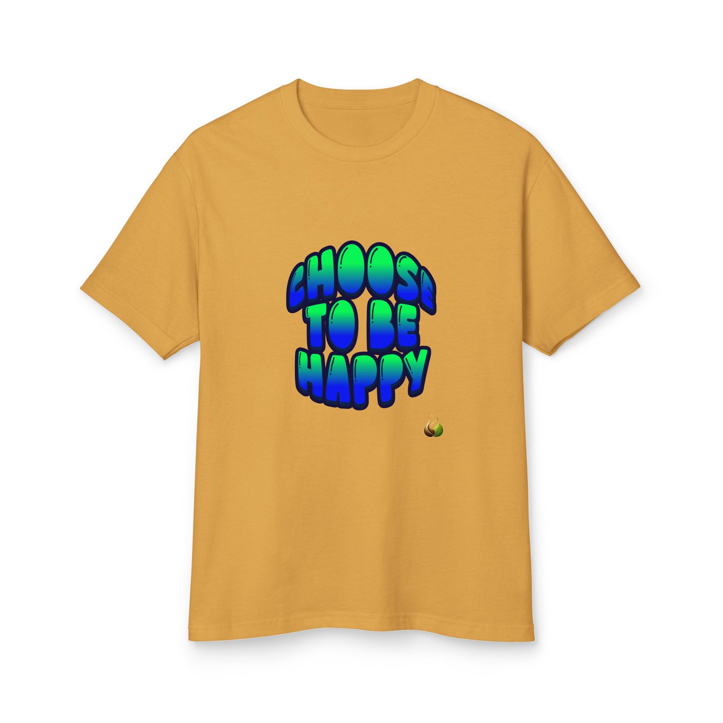 A mustard yellow short-sleeve t-shirt with a retro-style graphic on the chest reading 'CHOOSI TO BE HAPPY' in a blue-to-green gradient with a black outline.