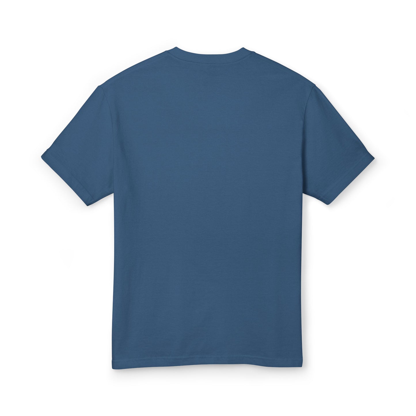 A plain blue short-sleeve crewneck t-shirt shown from the back, laid flat against a white background.